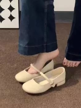 Soft sheepskin~ genuine leather French retro Mary Jane shoes commuter single shoes women s new thick heel gentle evening small leather shoes 35