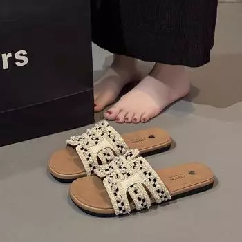 Soft sheepskin~ Pearl cool slippers women s summer wear new flat-bottomed non-slip with skirt gentle one-word slippers 35