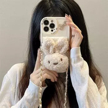Мягкий силиконовый чехол в виде плюшевого кролика для Apple 14 Promax с держателем для карточек, защищающим от падений. Apple 12pro