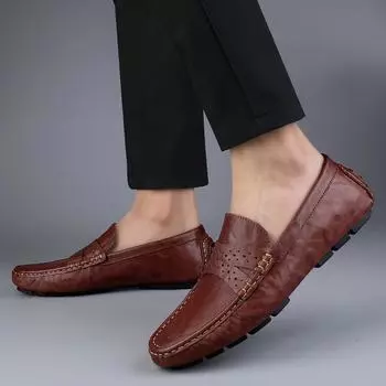 Soft Sole Mens Shoes 2024 Autumn Fashion Slip-on Boat Shoes Men Classic Driving Casual Shoes Quality Leather Comfy Loafers Shoes 37 чёрный