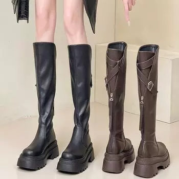 Soft sole not tired feet thick heel round head boots 2024 Internet celebrity new foreign style versatile fried street high value female knight boots 35 чёрный