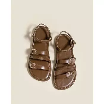 Soft sole soft surface one-word belt shoes summer new flat bottom retro buckle sandals women s trend 35