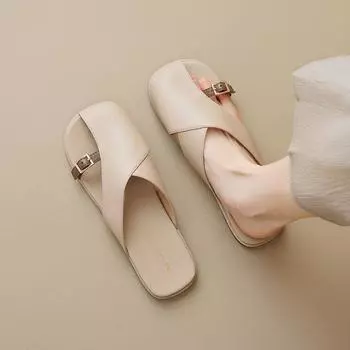 Soft-soled bag head half-drag women s spring and summer outer wear new office lazy leather drag flat-soled sandals women s shoes 35 хаки