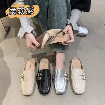 Soft-soled bag head slippers Lazy shoes Internet celebrity half slippers Women wear metal buckle matte flat-soled muller shoes fairy style 35