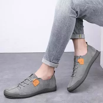 Soft-Soled Male Outdoor Shoes Leisure Walk Flats Lace-up Men s Casual Shoes Fashion Leather Sneakers Comfortable Skate Footwear 38 песочный