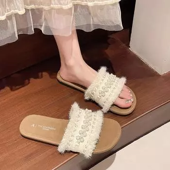 Soft-soled one-word slippers women s summer new canvas with skirt beach sandals 35