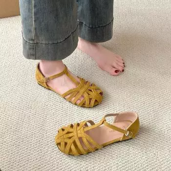 Soft-soled retro woven bag head sandals women s fashion flat-soled maternity shoes tide 35