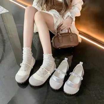 Soft-soled single shoes women s 2024 new summer silver light-mouth Mary Jane shoes pearl flat-bottomed lazy 35 серебряный