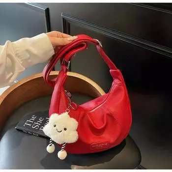 Soft Surface Broadband Messenger Bag Casual Selenodont Bag Commuter Underarm Bag Women 2025 New Large Capacity Dumpling Bag Red [collection and delivery bag with pendant]]