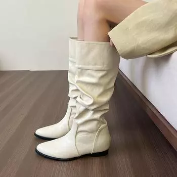 Soft waxy easy to wear milky white wrinkled inner heightening boots children s low heel thick heel Martin boots 35