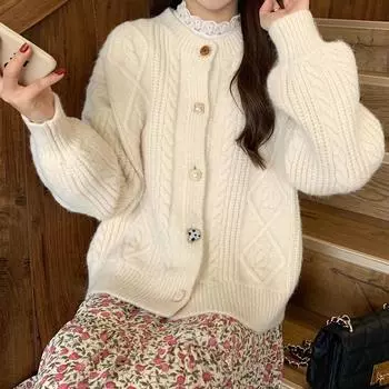 Soft waxy knitted cardigan women s new autumn sweater jacket loose round neck lazy wind top One Size