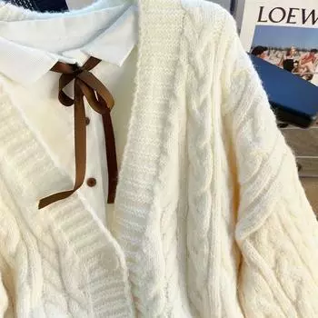 Soft waxy twist sweater jacket women s autumn and winter thickened 2024 new loose and lazy design knitted cardigan top One size fits all (40kg-72.5kg) жёлтый