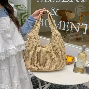 Soft Woven Straw Bag Adult Tote Bag Female College Student Shoulder Bag for Class Stylish Niche Style Large Capacity Bag Apricot