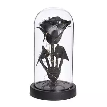 Сохраненные черные розы в стеклянном куполе, светящийся вечный цветок в клоше, статуэтка тыквы-черепа для домашнего, кухонного, каминного, настольного декора D