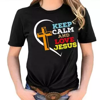 Сохраняйте спокойствие и любите Иисус Футболки Женские Летние рубашки Повседневные Свободные Плюс Сайз Уютные Летние Женские Топы S серый