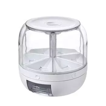 Сохраняйте свежесть с помощью контейнера для хранения зерна большой емкости, легкого доступа, 6 отсеков, воронкообразного выходного отверстия, вращения белый