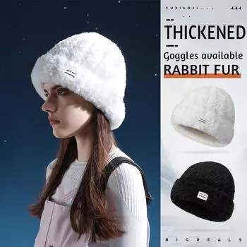 Сохраняйте тепло и уют с нашей новой зимней лыжной шапкой для женщин — более толстой, теплой и ветрозащитной с флисовой подкладкой и манжетой из кроличьего меха one size белый