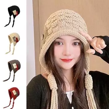 Сохраняйте тепло, вязаная шапка с длинными кисточками, пуловер в стиле Харадзюку, вязаная крючком шапка Lei Feng для девочек красный