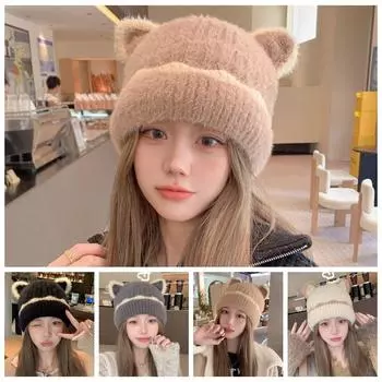 Сохраняйте тепло вязаная шерстяная шапка однотонная вязаная шапка модная шапка с кошачьими ушками зимняя чёрный