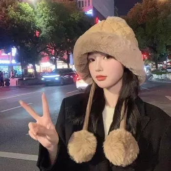 Сохраняйте тепло, женская защитная шапка для ушей, плюшевый мяч, плюшевый пуловер, шапка, милая зимняя шапка для женщин, подарок бежевый