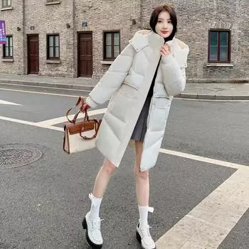 Сохраняйте уют и стиль зимой с этим женским пуховиком средней длины с капюшоном в корейском стиле M зелёный