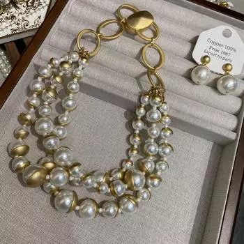 Сохраняющее цвет гальваническое золотое трехслойное ожерелье с жемчугом на ключице, серьги, преувеличенное простое кольцо, пряжка, цепочка, ювелирные изделия
