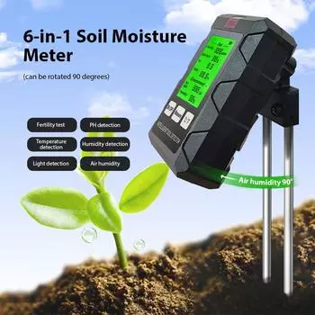 Soil Moisture Meter 6-in-1 Soil Ph Meter Moisture/Fertility/pH/Temperature/Humidity/Light 90-Degree Rotatable Backlight чёрный