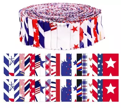 Soimoi 40Pcs Американский цветной флаг Тема печати Предварительно вырезанные полоски ткани Roll Up 1,5x42 дюймов Хлопковое желе Рулоны для квилтинга - красный, синий и 1.5x42inches разноцветный