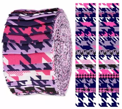 Soimoi 40Pcs Houndstooth Print Хлопчатобумажные предварительно вырезанные ткани для выстегивания ремесленных полос 2,5x42 дюйма Желейный рулон - фиолетовый и 1.5x42inches фиолетовый