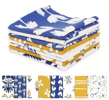 Soimoi 8 Pc Fat Quarter Bundle- Asian Block Print 18 x 22 DIY Patchwork- 100 Cotton Pre-Cut Quilting Fabric Blue- Mustard & 18x22