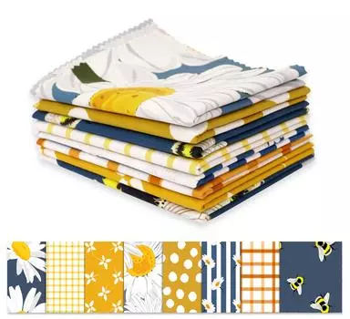 Soimoi 8 Pc Fat Quarter Bundle- Floral With Honey Bee Print 18 x 22 DIY Patchwork- 100 Cotton Pre-Cut Quilting Fabric Blue- Mustard & 18x22