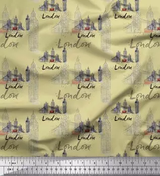 Soimoi Beige Japan Crepe Satin Fabric London Theme Архитектурная ткань с принтом на метр 42 дюйма 42 Inch Wide - Cotton Voile бежевый