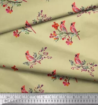 Soimoi Beige Japan Crepe Satin Fabric Red Berries & Bulbul Bird Print Fabric на метр 42 дюйма 42 Inch Wide - Cotton Voile бежевый