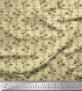 Soimoi Beige Japan Crepe Satin Fabric Stripe & Myosotis Alpestris Floral Printed Fabric 1 metre 42 Inch 42 Inch Wide - Cotton Voile бежевый