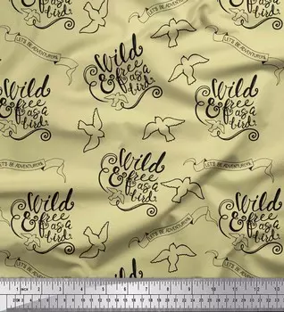 Soimoi Beige Japan Crepe Satin Ткань с текстом и племенным принтом с изображением птиц на метр 42 дюйма 42 Inch Wide - Cotton Voile бежевый