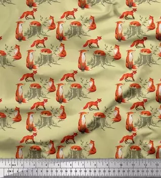 Soimoi Beige Japan Crepe Satin Ткань с принтом пня дерева и лисы с животным принтом на метр 42 дюйма 42 Inch Wide - Poly Crepe белый