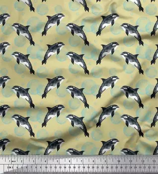Soimoi Beige Poly Crepe Fabric Dolphin & Bubbles Ocean Print Ткань на метр 42 дюйма 42 Inch Wide - Poly Crepe бежевый