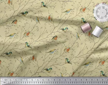 Soimoi Beige Poly Crepe Fabric Leaves & Flowerpecker Bird Отпечатки ткани на метр 42 дюйма 42 Inch Wide - Poly Crepe бежевый