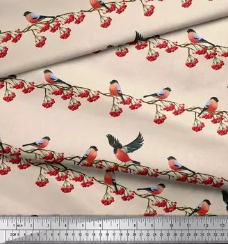 Soimoi белая японская креп-атласная ткань красные ягоды и снегирь птица декор ткань с принтом метр 42 дюйма 42 Inch Wide - Poly Crepe белый