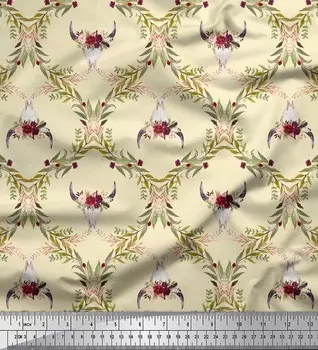 Soimoi белая японская креп-атласная ткань с цветочным принтом и коровьим черепом, дамасская ткань с принтом на метр 42 дюйма 42 Inch Wide - Poly Crepe белый