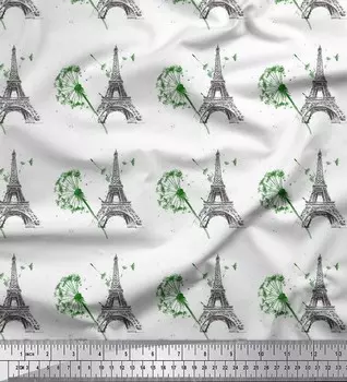Soimoi белая японская креп-атласная ткань с художественным цветочным рисунком и Эйфелевой башней с архитектурным принтом ткань на метр 42 дюйма 42 Inch Wide - Poly Crepe белый