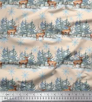 Soimoi Белая японская креп-сатиновая ткань с принтом оленей и снежинок, дерево, 42 дюйма по метрам 42 Inch Wide - Poly Crepe белый