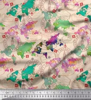 Soimoi белая японская креповая атласная ткань штамп и карта мира принты на ткани метражом 42 дюйма 42 Inch Wide - Poly Crepe белый