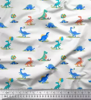 Soimoi Белый Япония Креп Атласная Ткань Воздушный Шар & Динозавр Детский Принт Ткань По Метру 42 Дюйма 42 Inch Wide - Poly Crepe белый