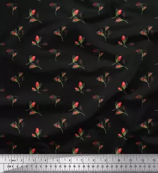 Soimoi Бежевая японская креп-атласная ткань Бутоны роз с цветочным принтом на метр 42 дюйма 42 Inch Wide - Poly Crepe чёрный