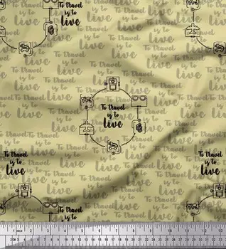 Soimoi Бежевая японская креп-сатиновая ткань для путешествий и жизни Текстовый принт Ткань по метрам 42 дюйма 42 Inch Wide - Poly Crepe бежевый