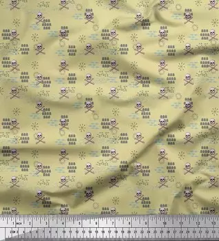 Soimoi Бежевая японская креп-сатиновая ткань с перекрещенными костями и черепом, ткань с принтом на Хэллоуин, 42 дюйма по метрам 42 Inch Wide - Poly Crepe бежевый