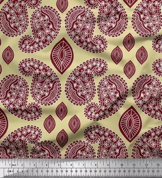 Soimoi Бежевая японская креп-сатиновая ткань Темно-бордовая ткань с принтом пейсли 1 метр 42 дюйма 42 Inch Wide - Poly Crepe бежевый