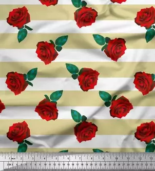 Soimoi Бежевая японская креп-сатиновая ткань в полоску, листья и розы с цветочным принтом по метрам 42 дюйма 42 Inch Wide - Poly Crepe бежевый