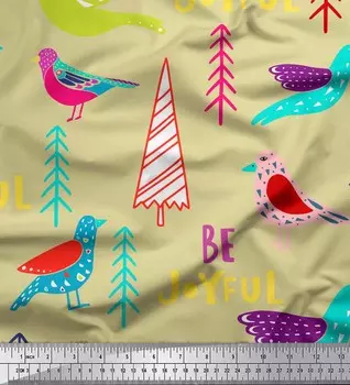 Soimoi Бежевый японский креп-сатин с художественным принтом на ткани с текстом и птицами, 42 дюйма по метрам 42 Inch Wide - Poly Crepe бежевый